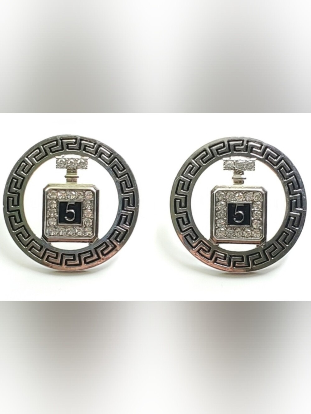 Silver Tone Earrings with Greek Key Motif & a Perfume Bottle Pendant